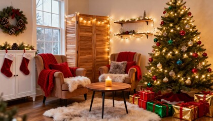 Cozy Christmas Living Room with Decorated Tree, Fireplace Stockings, and Armchairs
