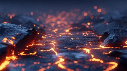 Molten lava glows brightly through cracks in a dark, volcanic rock surface with fiery embers in the background. - Powered by Adobe
