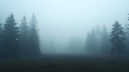 Misty Morning in Forest with Tall Evergreen Trees in Dense Fog Creates Eerie Atmosphere on Overcast Day in Wilderness with Quiet Tranquility and Solitude