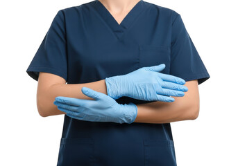 Close up of medical professional wearing blue nitrile gloves isolated on transparent background