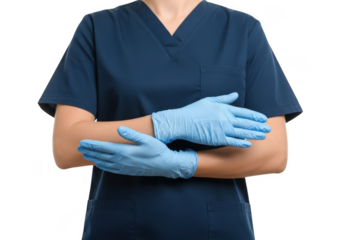 Close up of medical professional wearing blue nitrile gloves isolated on transparent background