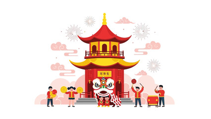 A vibrant illustration of a Chinese New Year celebration with a traditional pagoda, lion dance, drummers, and fireworks. © hudannrmtqn