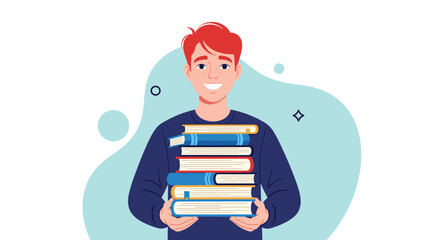 A cheerful young man with red hair holding a tall stack of books, representing education, learning, and academic success.