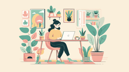 Fototapeta premium Minimalist Home Office: Woman Working on Laptop Surrounded by Botanical Decor