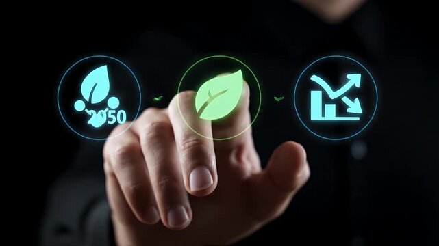 Hand Interacting with Holographic Icons on Dark Background Concept of Technology Innovation Sustainability and Business Growth Strategies Bright Lighting