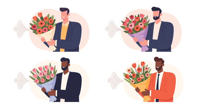 Diverse group of smiling men holding bouquets of colorful flowers, with sound waves indicating vocal expression or heartfelt messages.