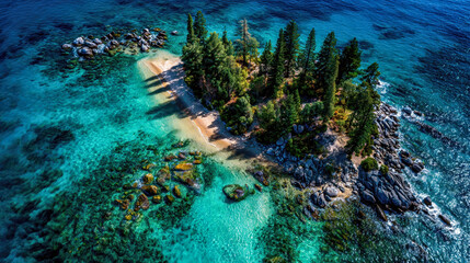 Aerial view of a small forest island surrounded by crystal teal waters and rocky shoreline in bright sunlight
