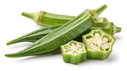 Fresh green okra pods and slices on white background