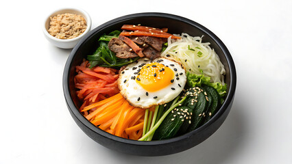 Vibrant korean bibimbap with fried egg and side dish