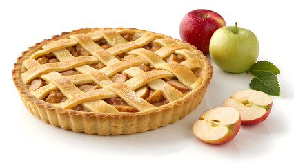 Golden baked lattice top apple pie with fresh apples