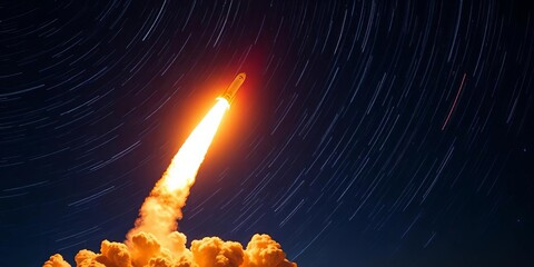 Fiery rocket ascending into night sky, star trails visible, light, space