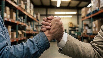 A firm handshake sealing a business deal between two men in a warehouse