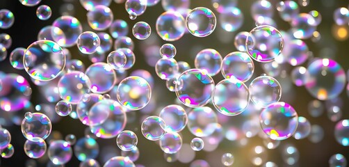 Hundreds of iridescent soap bubbles float in air, catching light, art, optical