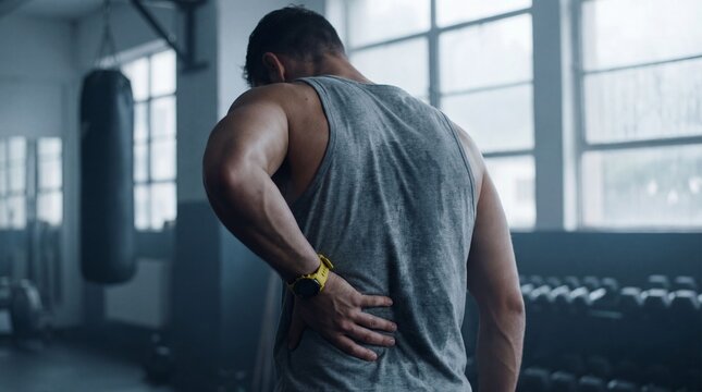 Muscular man holding his aching lower back after a strenuous gym workout