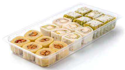 Assortment of middle eastern sweets in a clear plastic container