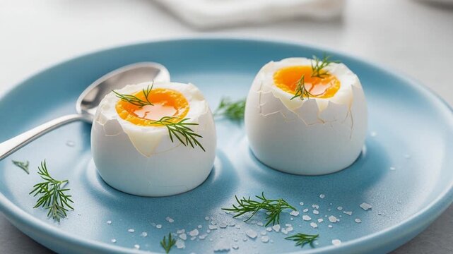Soft boiled Eggs with Runny Yolks and Fresh Dill on a Blue Plate