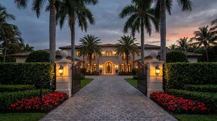 Obraz premium Elegant Tropical Estate with a Gated Driveway at Twilight