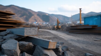 Industrial Site with Melted Debris and Steel Plates in Background Landscape