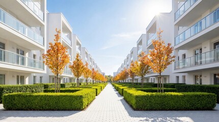 Modern residential apartment complex with a landscaped courtyard in autumn