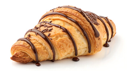 Delicious chocolate drizzled croissant on a white background