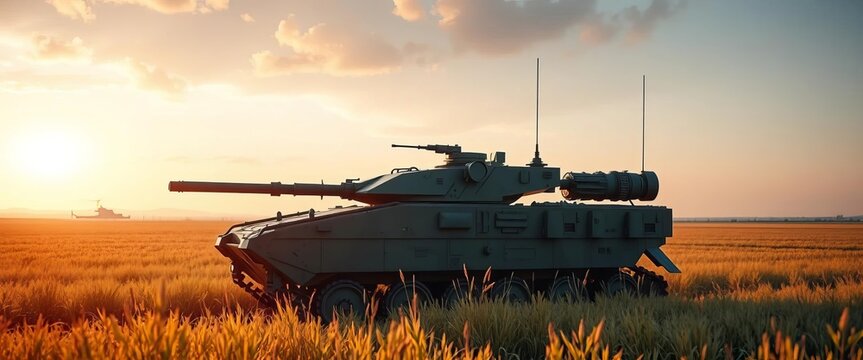 Modern military infantry fighting vehicle in field, tracked vehicle, technology