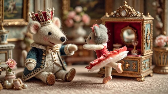 Animated mice in formal attire and ballet costume near decorative jewelry box