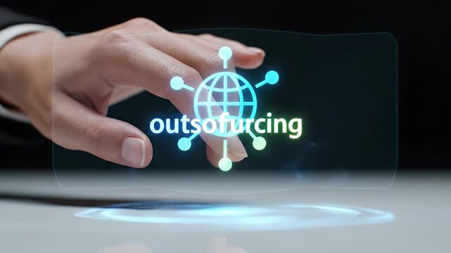 Hand Interacting With Holographic Outsourcing Globe On White Surface With Reflected Light Business And Technology Abstract Background Concept
