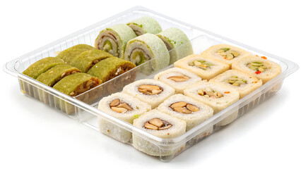 Assortment of freshly prepared sushi rolls in a clear takeout container