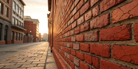 City street perspective showcases industrial urban scene with red brick wall along sidewalk creating architectural texture adding old town charm with sidewalk and commercial area