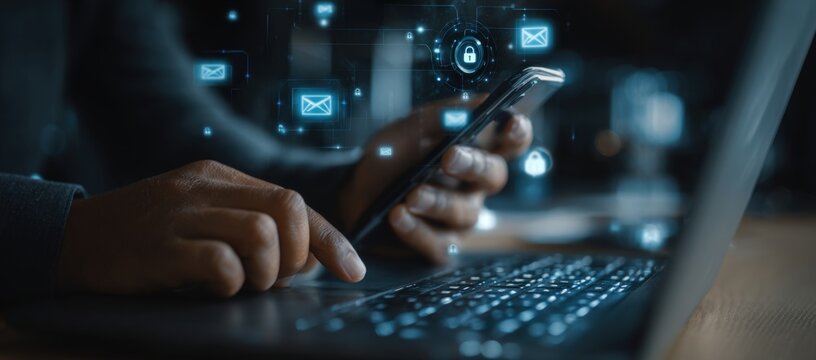 Person using smartphone over laptop with digital communication and security icons - Powered by Adobe