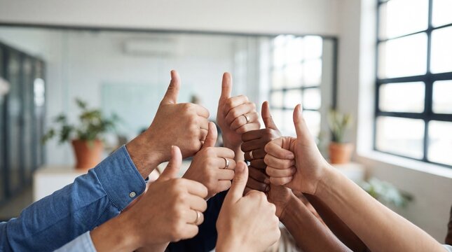 Successful business team celebrating with a collective thumbs up gesture
