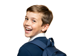 Cheerful schoolboy looking back with a bright smile