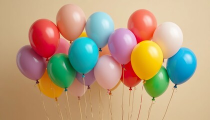 Colorful balloons floating gently against a soft beige background, creating a cheerful and minimal composition perfect for celebration themes