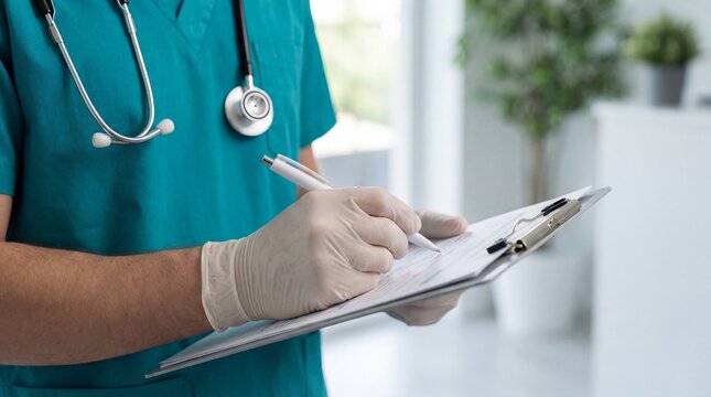 Doctor in scrubs with a stethoscope writing on a medical clipboard
