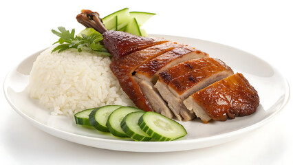 Delicious roasted duck served with fluffy white rice and fresh cucumber slices