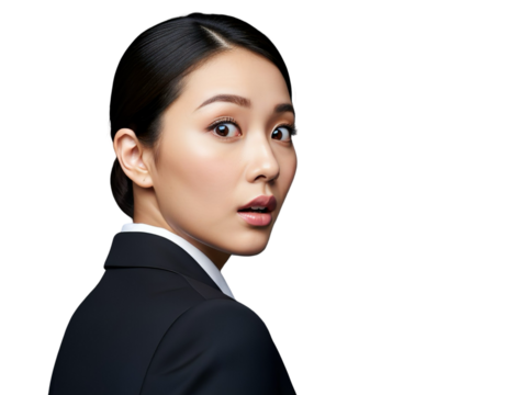 Surprised Asian Businesswoman Looking Back on White Background