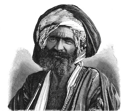 Anatolian Ottoman man, dressed in traditional attire with a distinctive turban (chalma), beard, and mustache, old vintage illustration, 1899