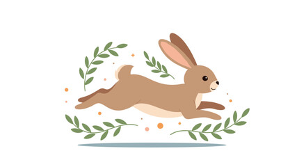 Adorable brown rabbit gracefully running or leaping surrounded by delicate green leafy branches and subtle magical sparkles.