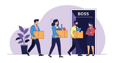 Group of employees carrying boxes of personal belongings symbolizing job resignation or layoff leaving a workplace through a Boss door.