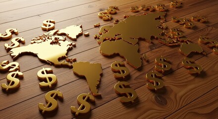 Golden Dollar Signs Scattered Across a Wooden World Map.
