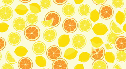 Vibrant seamless pattern featuring a delightful mix of whole and sliced lemons grapefruits and oranges on a light yellow background.