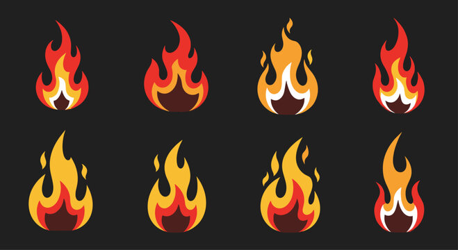 Collection of eight dynamic and stylized flame icons representing various fire shapes and intensities on a dark background. - Powered by Adobe