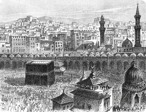 Kaaba in Mecca, surrounded by pilgrims and ancient architectural elements, old vintage illustration, 1899.