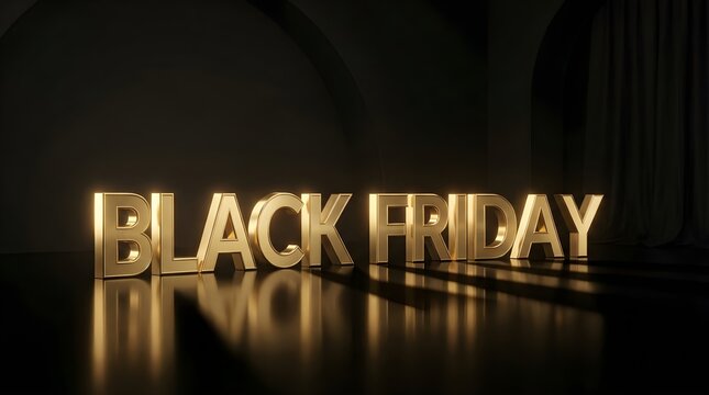 Luxurious golden Black Friday 3D text glowing on dark elegant background with reflection, modern banner for premium sale promotion and holiday discounts.