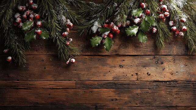 Christmas pine garland with holly berries on rustic wood