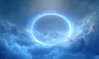 Ethereal glowing portal surrounded by swirling clouds under a radiant sky