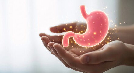 Human hands gently cradling a glowing healthy stomach organ symbolizing medical care and digestive wellness protection
