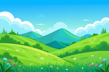Fototapeta premium Cheerful cartoon valley with green hills, colorful flowers, and a bright blue sky with fluffy clouds