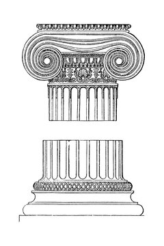 Ionic order capital and base from the Temple of Athena in Athens. The drawing showcases classical Greek architectural elements and details, old vintage illustration, 1897