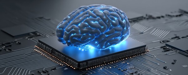A futuristic representation of a brain on a circuit board, symbolizing the intersection of artificial intelligence and technology.